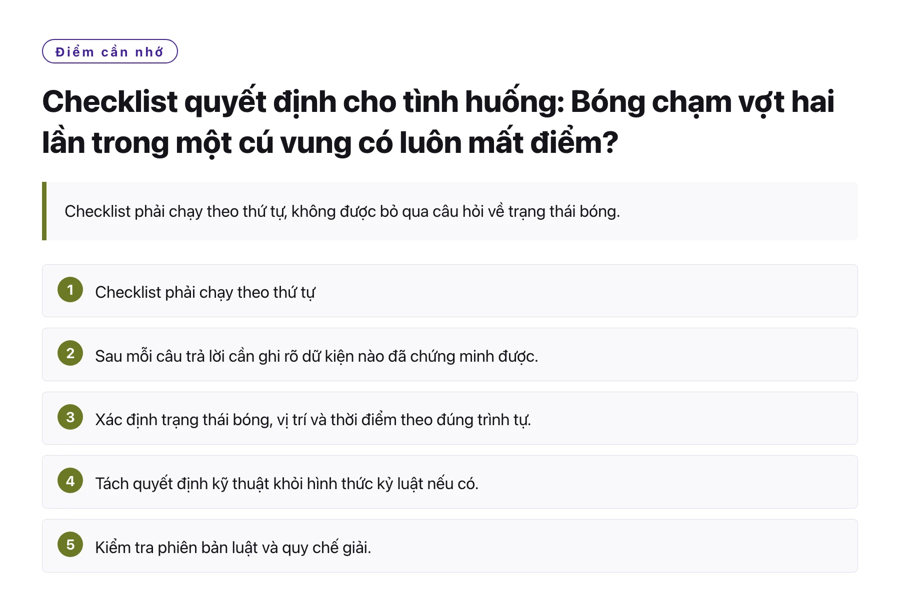 Checklist quyết định cho tình huống: Bóng chạm vợt hai lần trong một cú vung có luôn mất điểm?——全文要点速览